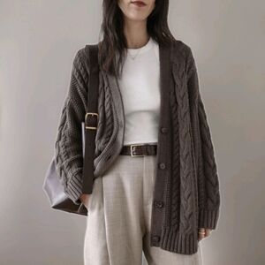 Quince 100% Organic Cotton Oversized Cable Knit Cardigan Heather Brown Sz XL